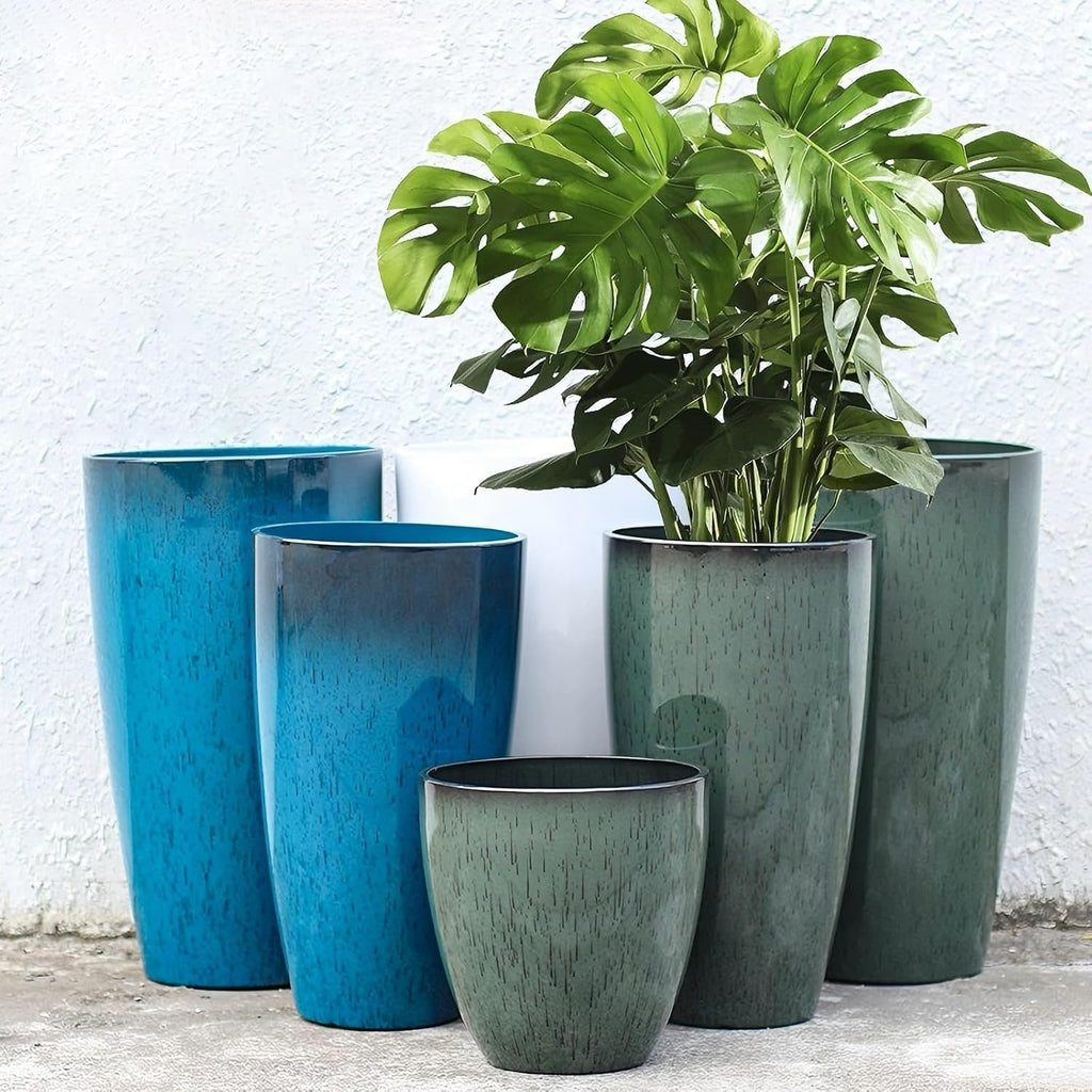 24,21,11 Inch Large Planters with Drainage Hole and Saucer - Set of 3 Tall Plant Pots Indoor Flower Pot Tall Round