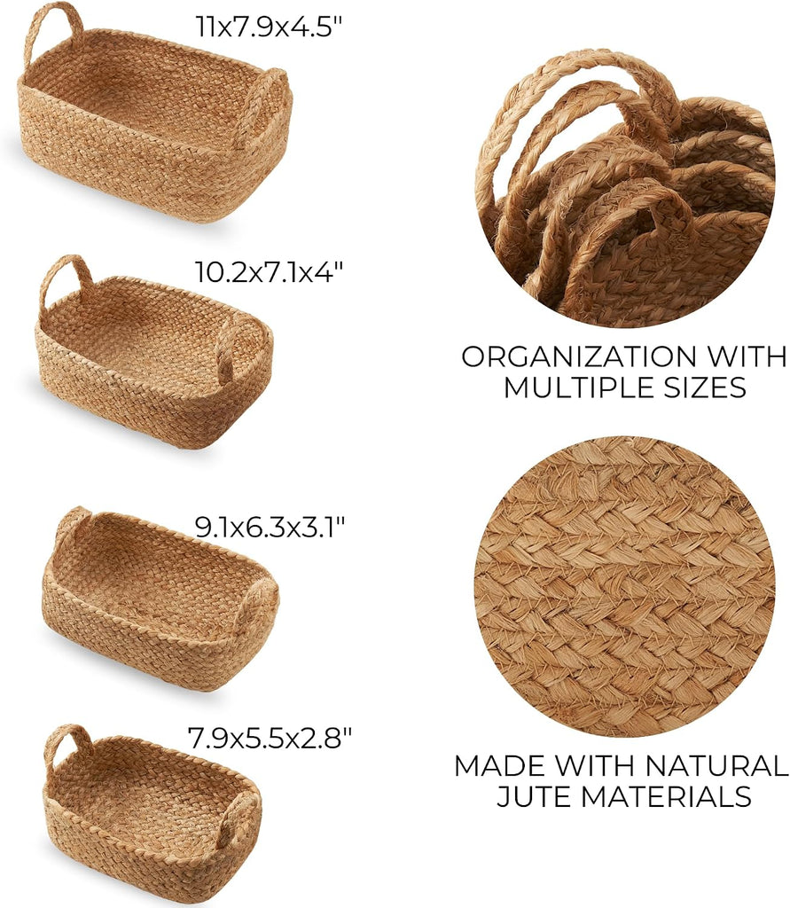 Beautiful Storage Basket Set of 4 - Natural Jute Rope Baskets for Shelves Are Perfect for Organizing Your Home