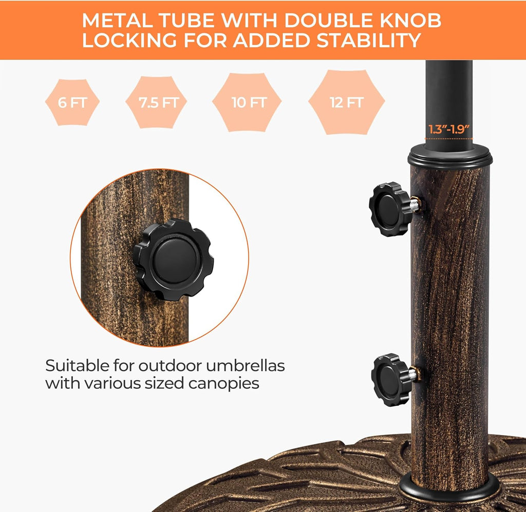 55lbs Heavy Duty Round Umbrella Base with 4 Lockable Rolling Wheels & 2 knobs, Outdoor Antiqued Umbrella Stand