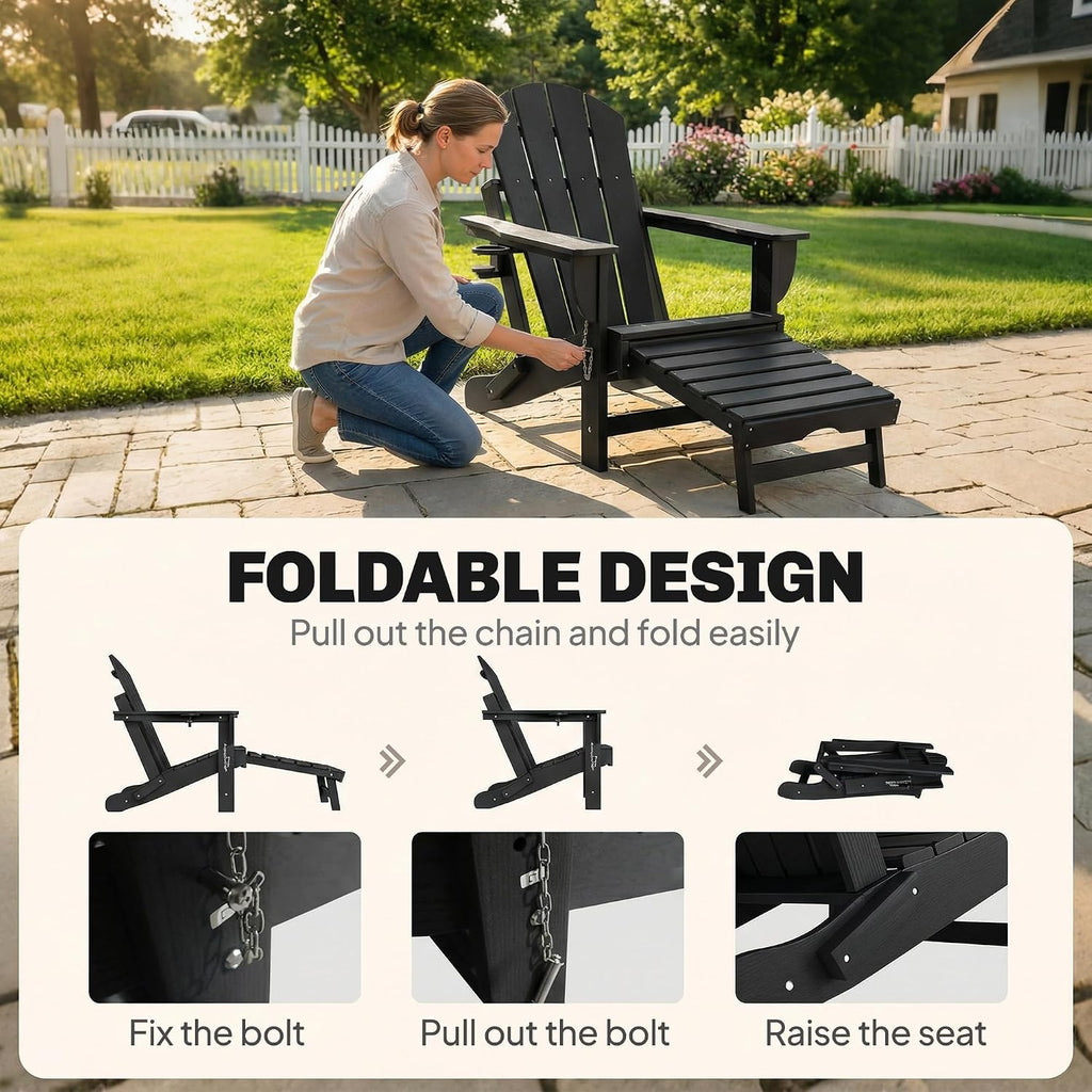Folding Adirondack Chair Set of 2 with Retractable Ottoman Black | Outdoor HDPE Fire Pit Chair, Cup Holder, Large