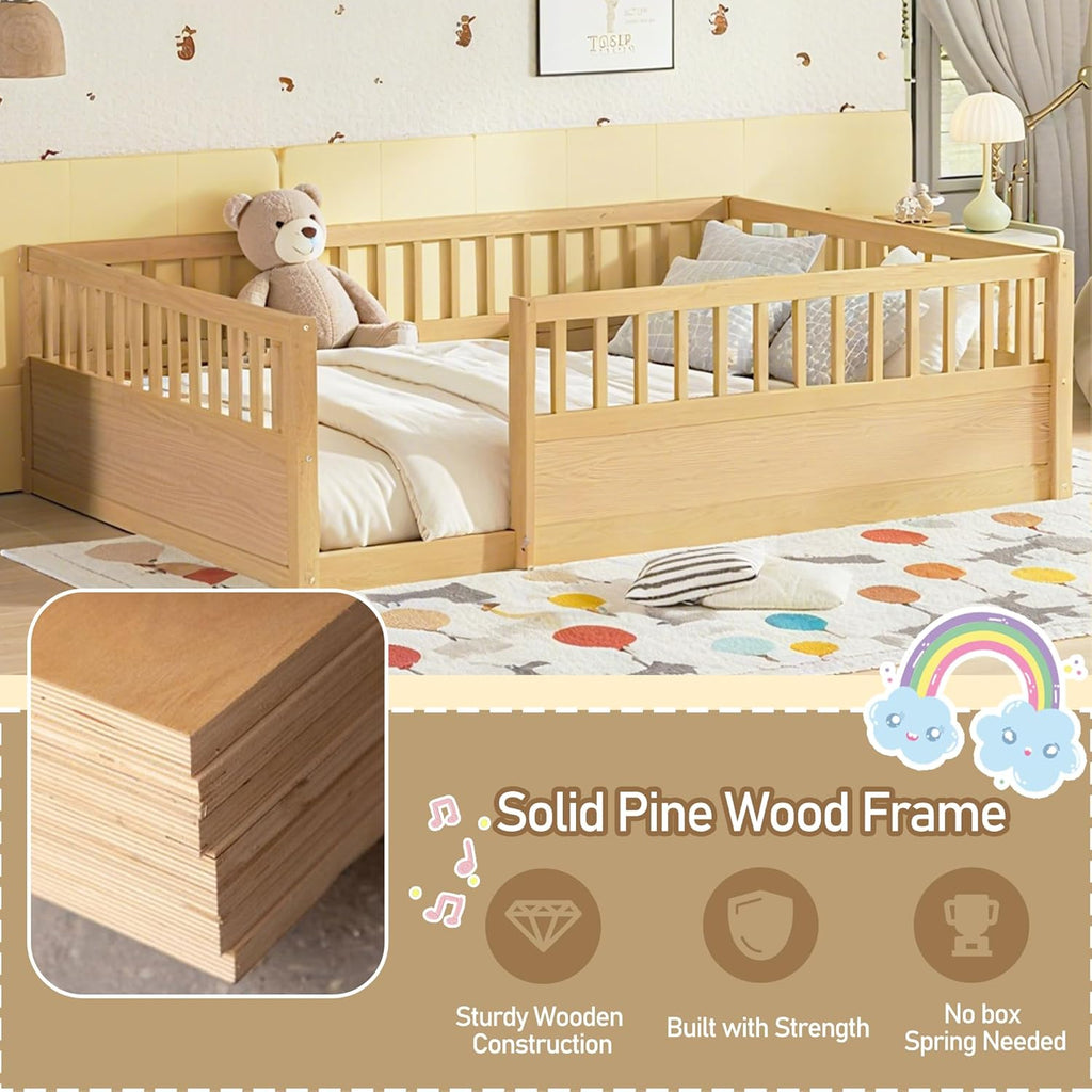 Full Size Floor Bed Frame with 21.4" High Fence, Solid Wood Low Platform Montessori Floor Bed Full for Kids, No Box