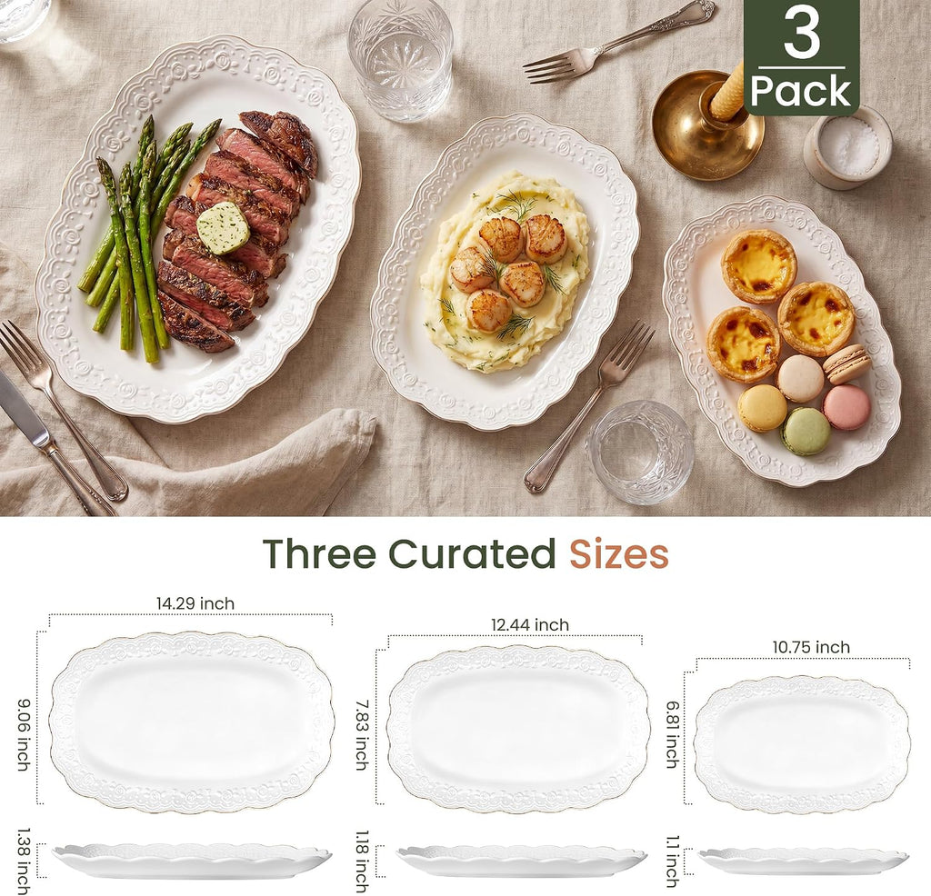 Ceramic Serving Platter Set | 14"/12"/10" Oval Serving Trays for Entertaining at Parties and Weddings | Oven Safe