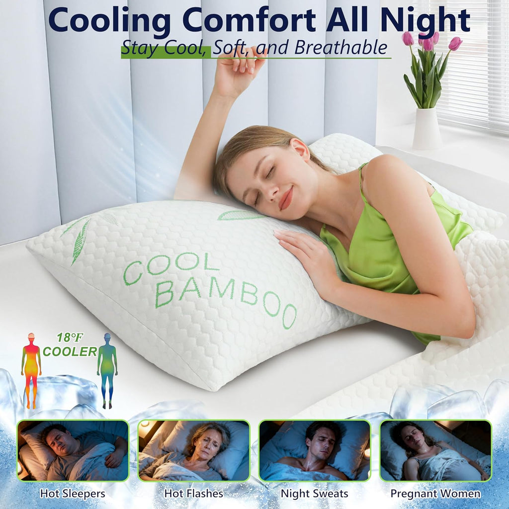 Cooling Pillows, Shredded Memory Foam Pillows King Size Set of 2 Adjustable Firm Bamboo Bed Pillows for Hot, Side