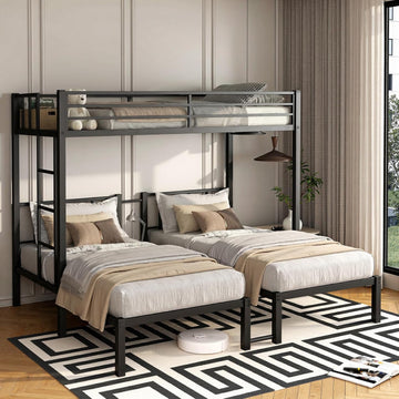 Heavy Duty Triple Bunk Bed for 3, Twin Over Twin Over Twins with Guardrails and Ladder, Metal Bunk Bed