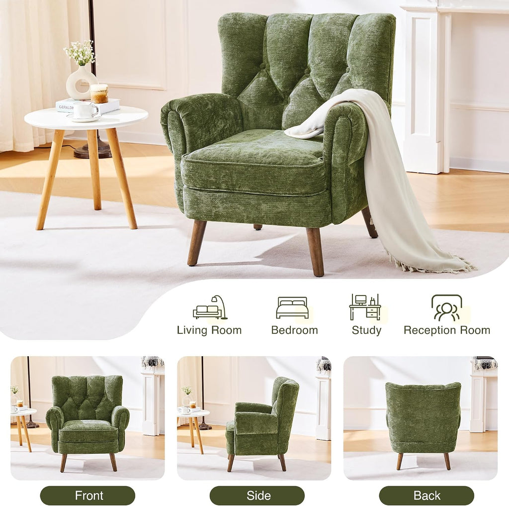 Chenille Wingback Accent Chairs Set of 2, Mid-Century Modern Living Room Armchair with Removable Cushions, High