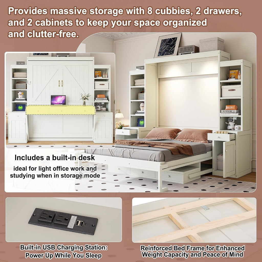 Queen Murphy Bed with Desk and Lights, Power Outlet, Foldable Murphy Cabinet Bed with Open Storage Shelves & Drawers