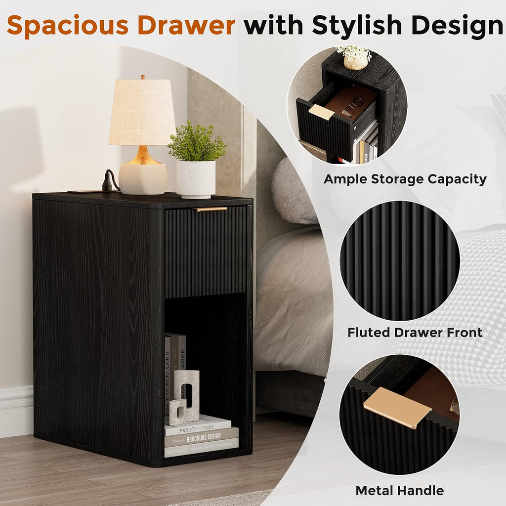 Narrow End Table with Fluted Drawer and Charging Station, Small Nightstand with USB Ports & Outlets, Bedside Table