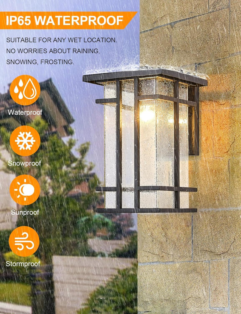 Rustic Dusk to Dawn Outdoor Wall Light Fixture 13.8"H Waterproof Exterior Wall Sconces Black Metal with Seeded Glass