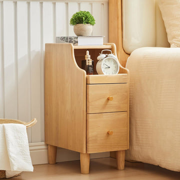 Solid Wood Narrow Nightstand, Slim Bedside Table with 2 Drawers & Slide-Out Tray, Mid-Century Modern End Table Side
