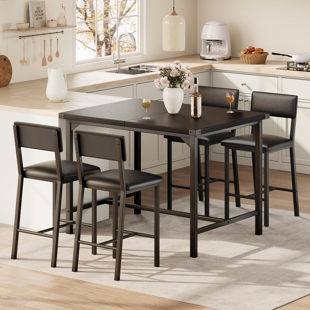 Dining Table Set for 4 w/Corner Protecto, Dining Room Table Set with Footrest & Backrest, Counter Height Table with 4