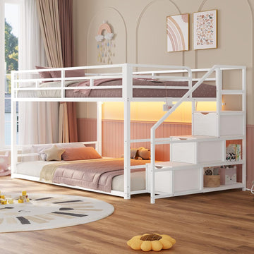 Low Bunk Bed Twin Over Twin with Stairs, Storage Drawers & Shelves, RGB LED Lights Metal Floor Bunk with Power Outlet