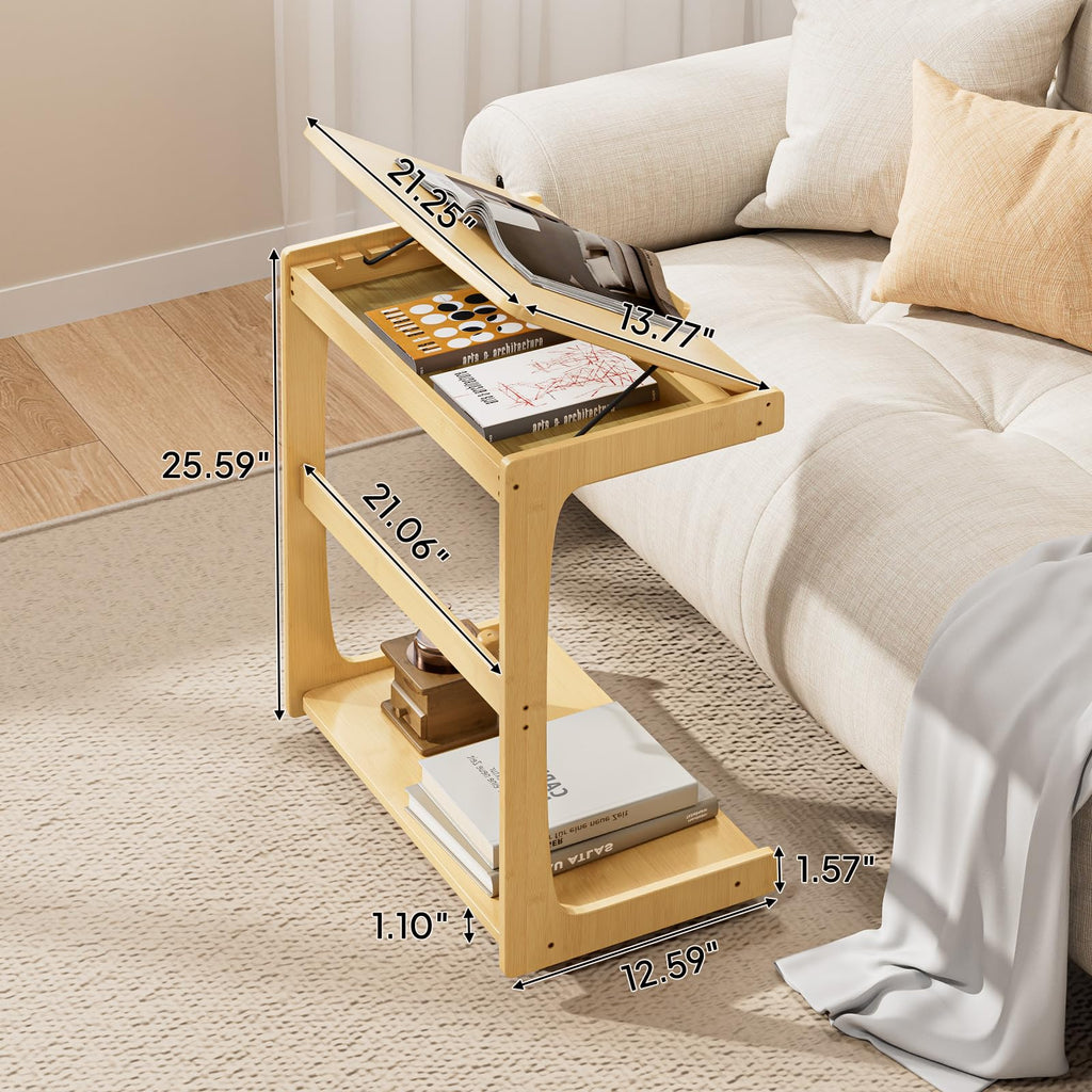 C Shaped Side Table, Rolling Bamboo with Adjustable Tilt Top & Storage Shelf, Small Couch Table with Wheels, Natural