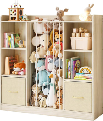 4-in-1 Toy Storage Organizer with Stuffed Animal Storage, Solid Pine Kids Bookshelf and Toy Shelf, 6 Cube Shelf with