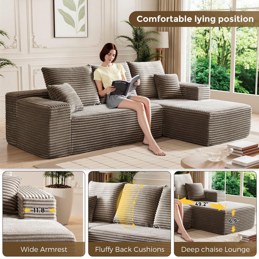 108" Boneless Couches, L Shaped Comfy Cloud Modular Sectional Memory Foam Deep Seat Boneless Couch, No Assembly