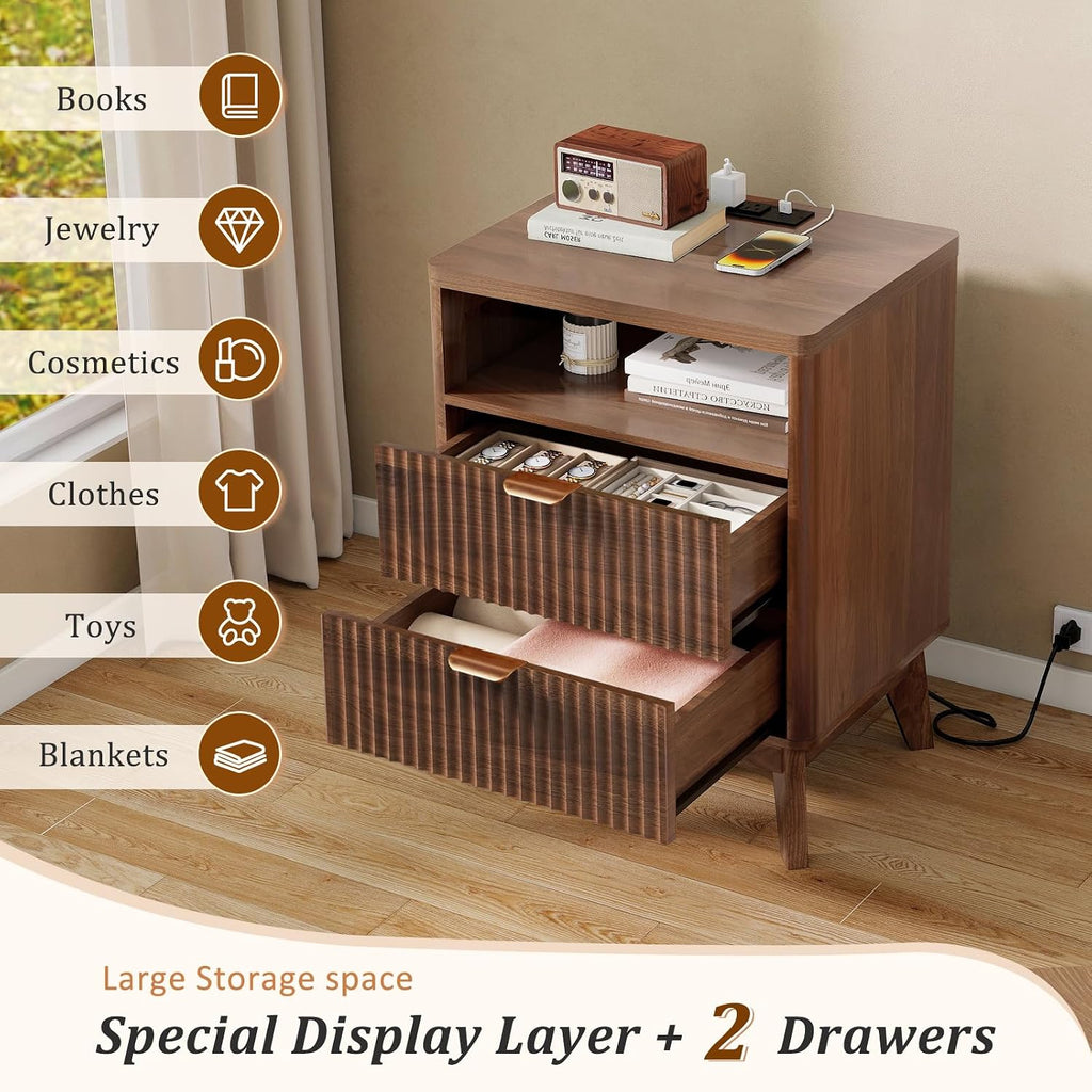 Fluted Nightstand with Charging Station, 19.7 inch Wide End Table with 2 Drawers, Modern Wood Bedside Table ,Brown,1