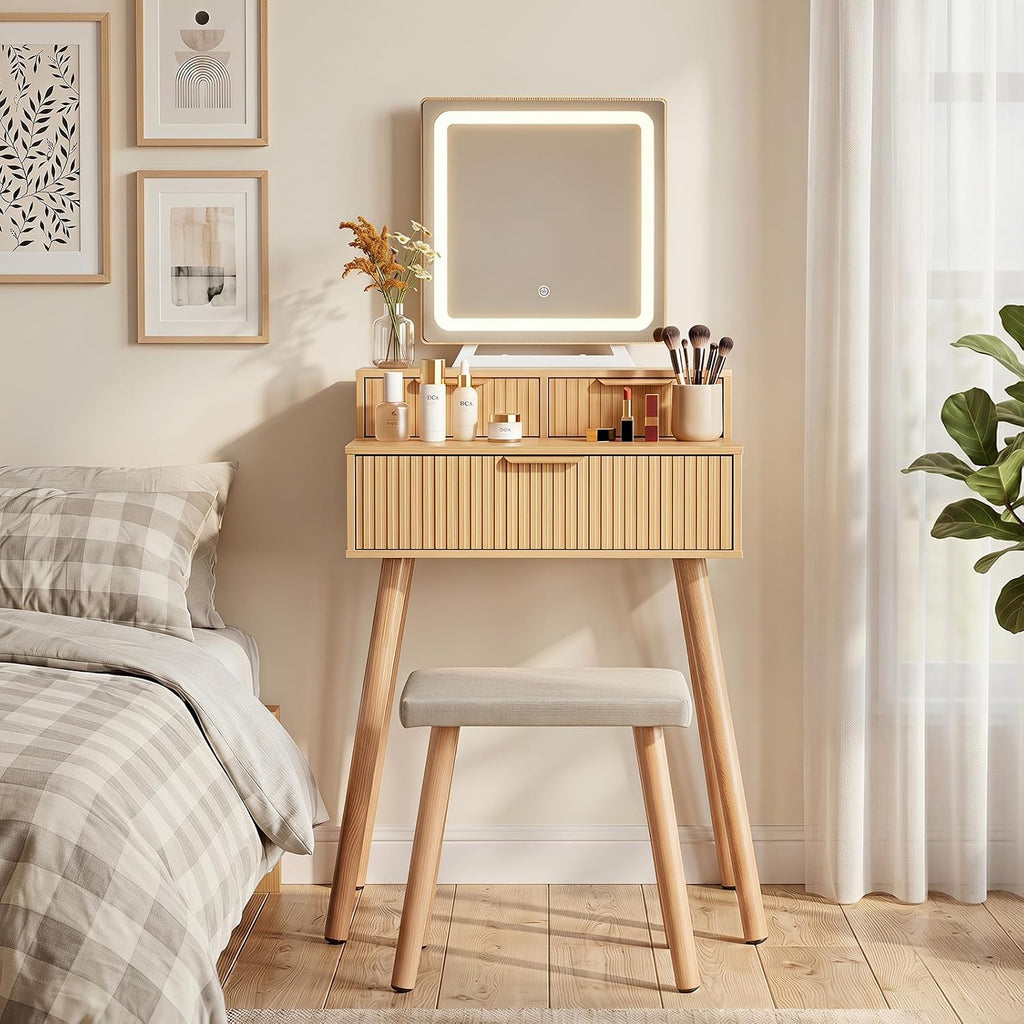 Small Vanity Desk with Lights Mirror, Compact Makeup Vanity Table with Stool, Fluted Wood Vanity with Power Outlet, 3