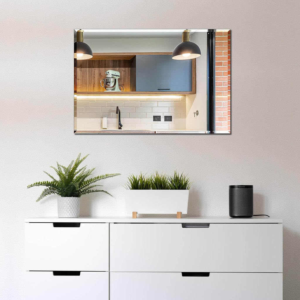 Frameless Bathroom Mirror for Wall, Rectangle Beveled Edge Mirror for Over Sink, Tempered Glass, Shatterproof, Hangs