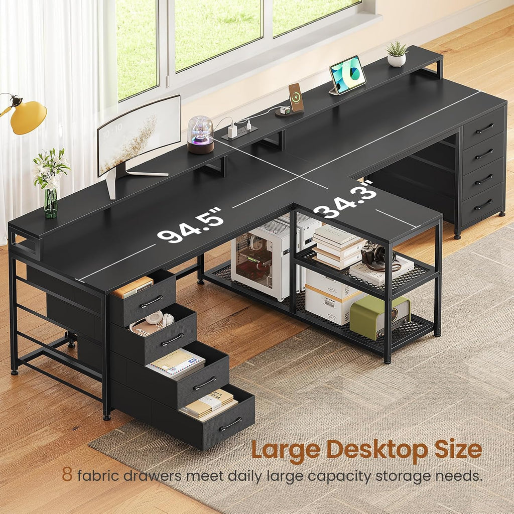 94.5" 2 Person Gaming Desk, Long Office Computer Desk with 8 Drawers & LED Light, Two Person Desk with Storage