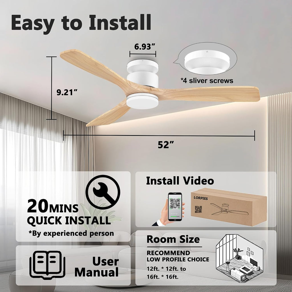 52 Inch Smart Flush Mount Ceiling Fans with Lights Remote, Wood Outdoor Indoor Ceiling Fan, WIFI Alexa App Control