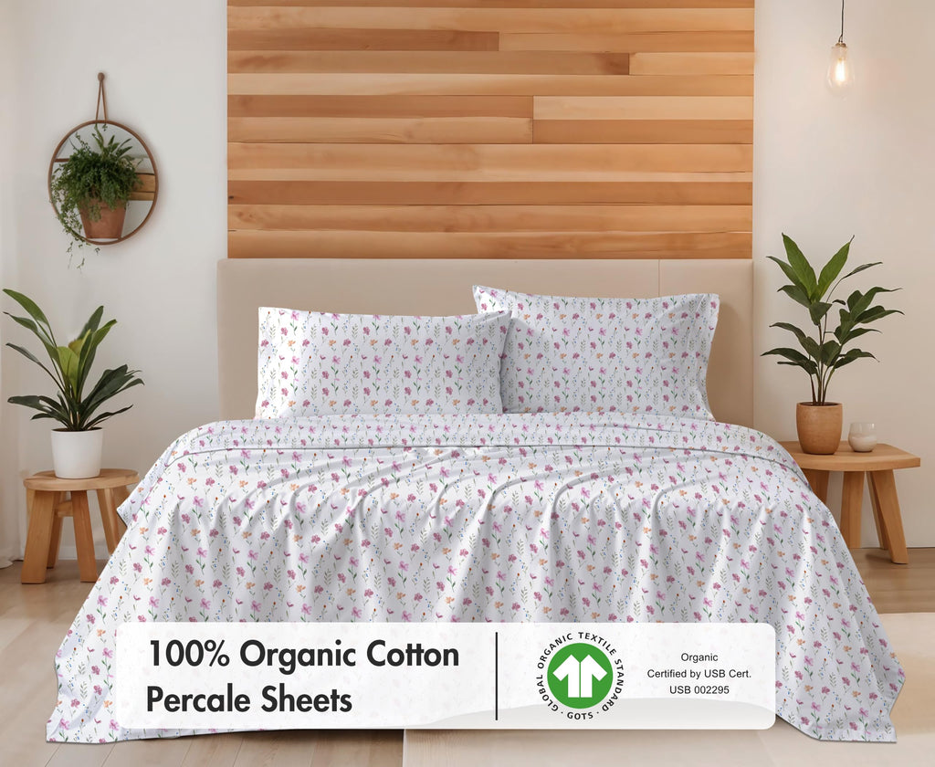 100% Cotton Organic Percale King Size Sheets Set, Obsessed Stems