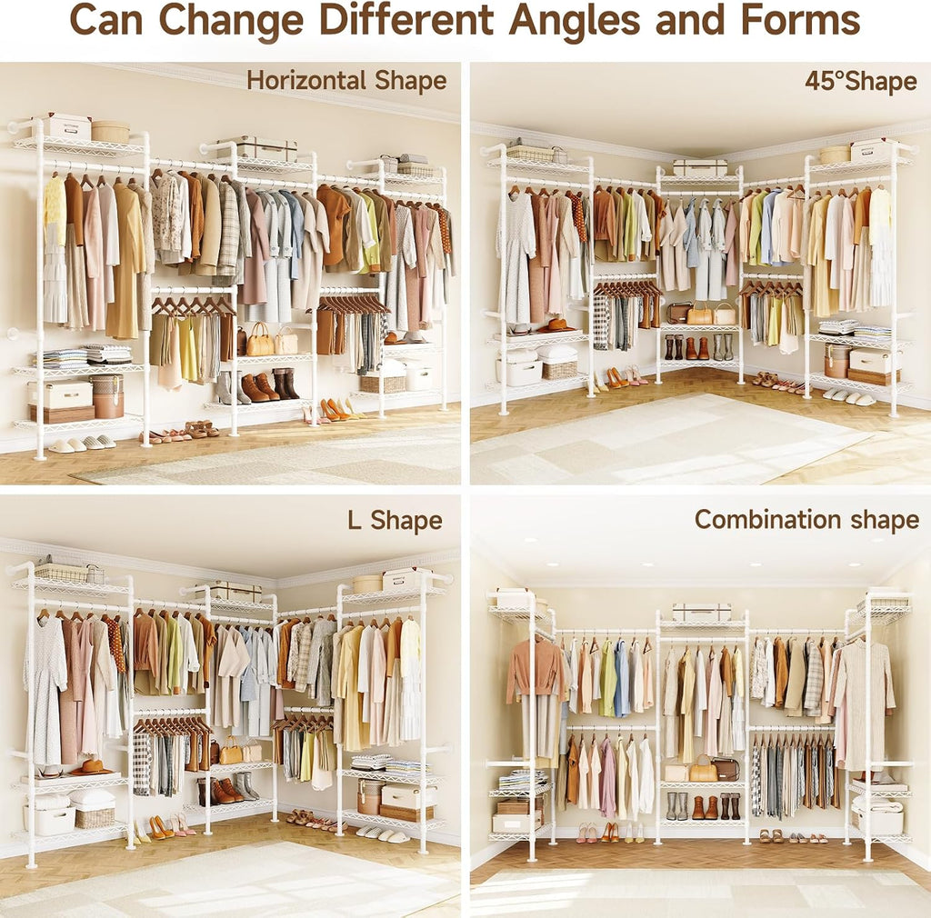 H5 Wall Mounted Closet System, Industrial Pipe Clothes Racks Clothing Rack with 4 Telescopic Rods & 3 Fixing Rods & 9