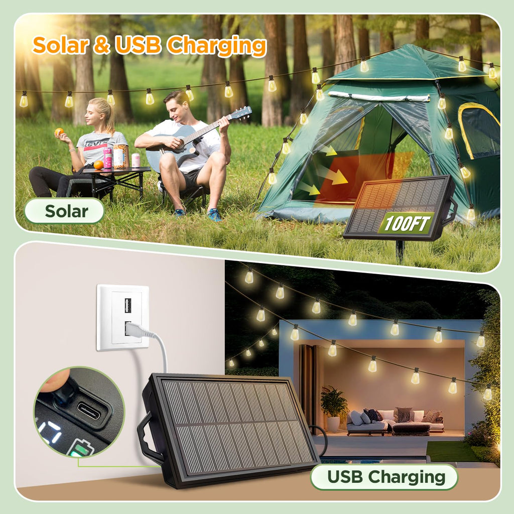 Solar String Lights Outdoor Waterproof with Remote & Timer, LED Shatterproof ST38 Bulbs, USB & Solar Powered