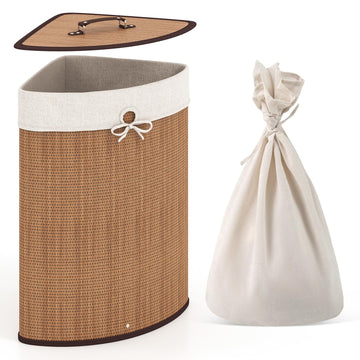 58 L Corner Laundry Hamper with Lid, Removable Liner, Handle Bamboo