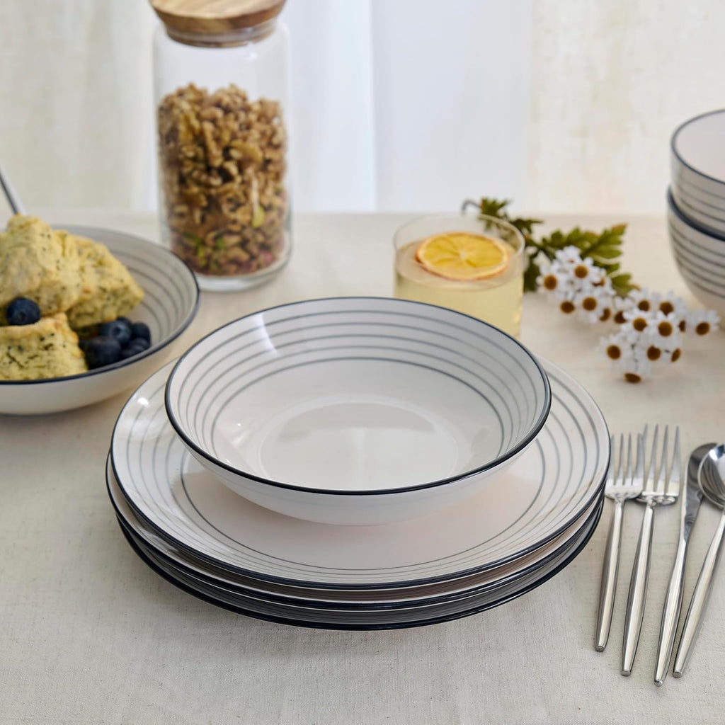 Zeke 12-Piece Dinnerware Set Earthenware, Plates and Bowls Set, Dishwasher and Microwave Safe Dishes, Dish Set for 4