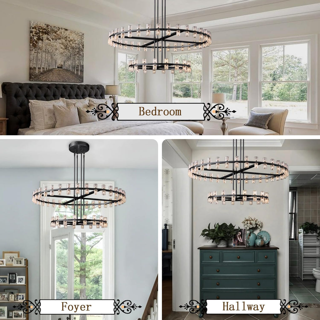 Inspired Arcachon Style 2-Tier Round Wagon Wheel Chandelier, 32" + 40" 72-Light Black — Foyer, Great Room & Dining