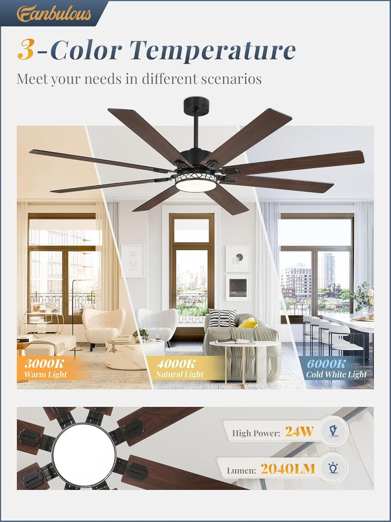 72" Ceiling Fan with LED Light and Remote - Black