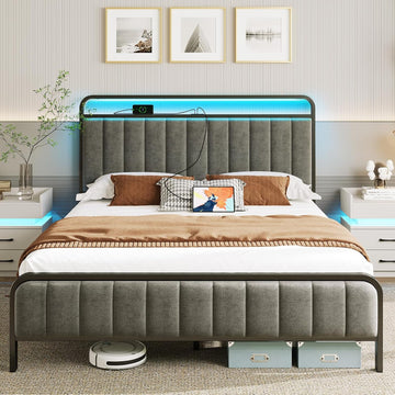 Full Bed Frame with LED Light and Charging Station, Upholstered Headboard and Footboard, Metal Slat, Noise Free