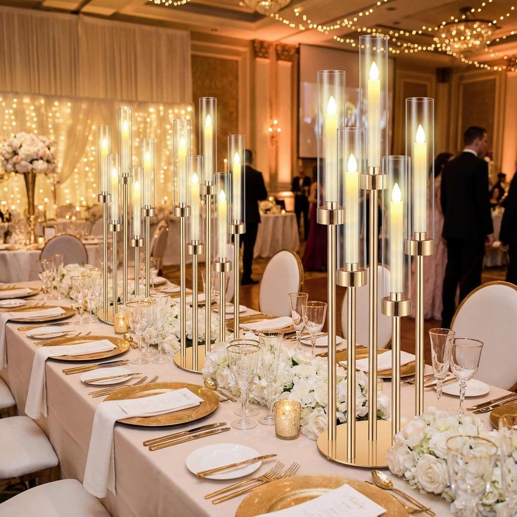 8 Set Gold Candelabra Centerpieces for Tables, 26.8 Inch 5 Arm Candle Holders with LED Candles and Acrylic Cylinders