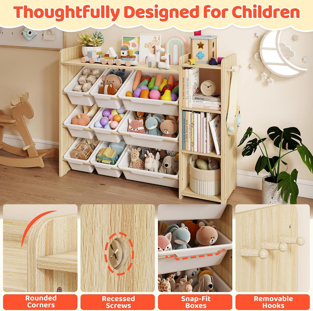 Toy Storage Organizer with Bookshelf, Kids Toy Storage and Organizers with 3 Shelves/9 Bins/3 Hooks, Bin Shelf, Toy