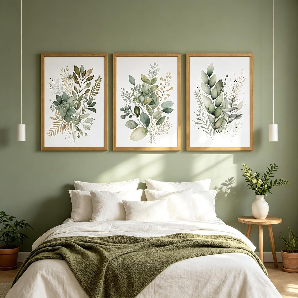 Sage Green Botanical Wall Art Set of 3, Modern Watercolor Eucalyptus Leaf Canvas Prints, Minimalist Boho Floral Wall