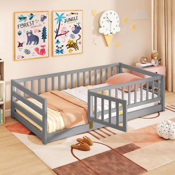 Twin Floor Bed with High Fence & Door, Montessori Floor Bed with 21.5" Safety Guardrails, Solid Wood Twin Beds Frame