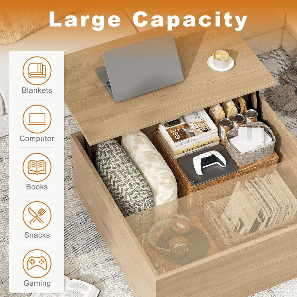 Lift Top Coffee Table, Wood Square Coffee Table with Storage, Farmhouse Coffee Tables with Hidden Storage Compartment