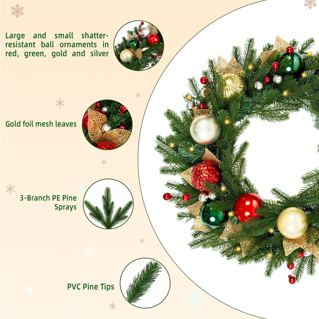 24 Inch Pre-Lit Christmas Wreath with 30 Warm White LED Lights and Timer, Battery Operated Artificial PE & PVC Wreath