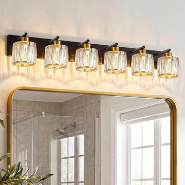 6-Light Crystal Bathroom Vanity Light Fixtures, Black and Gold