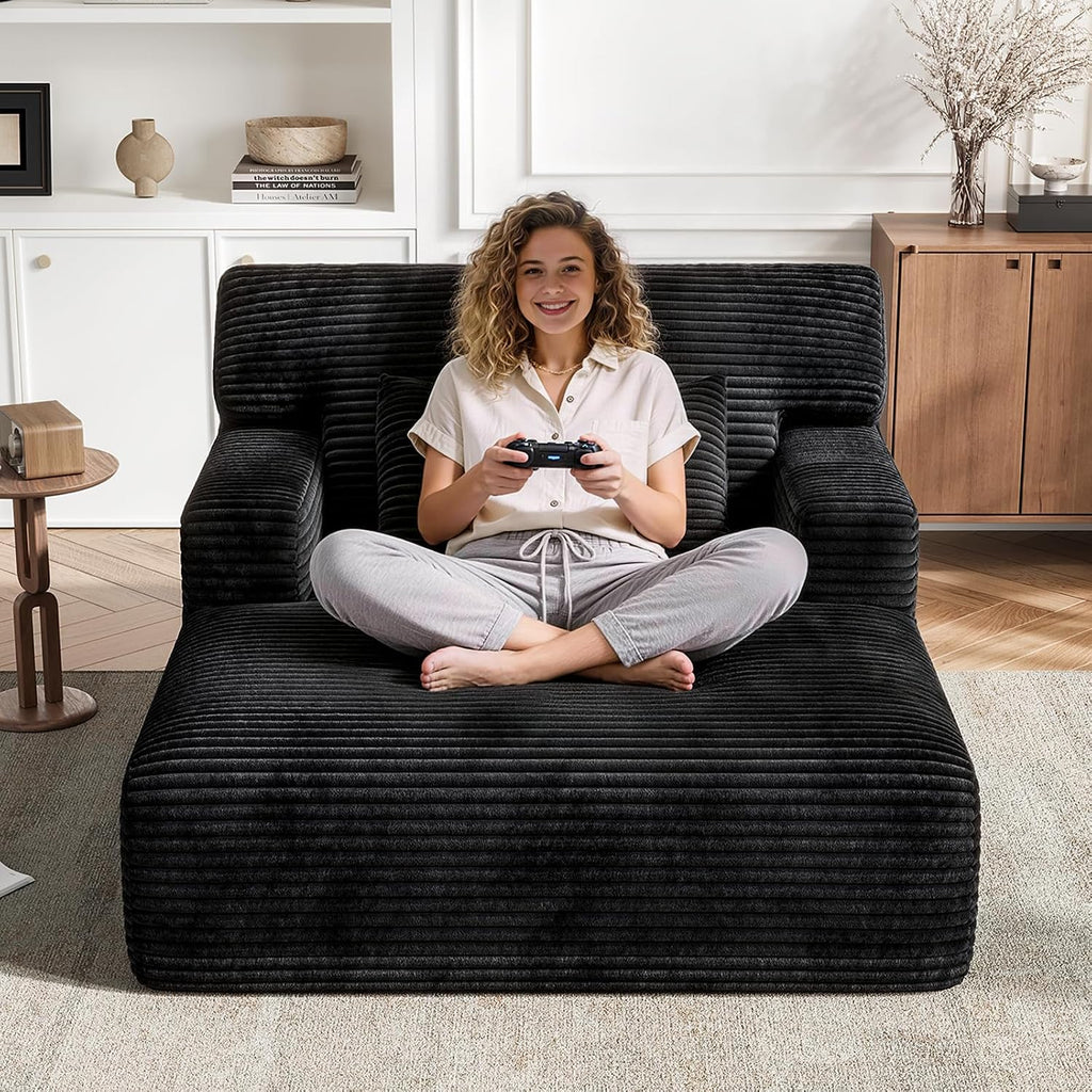 Oversized Corduroy Chaise Lounge Chair, Plush Upholstered Sleeper Chair with Back & Throw Pillow , No Assembly