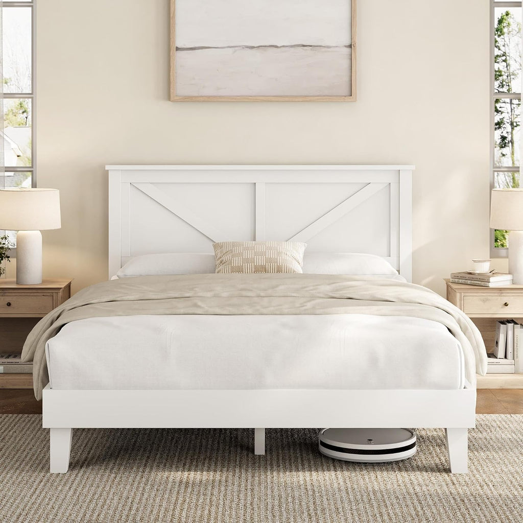 Full Bed Frame Wood Bed Platform with Headboard Solid Slat Support No Box Spring Needed Noise-Free Easy Assembly