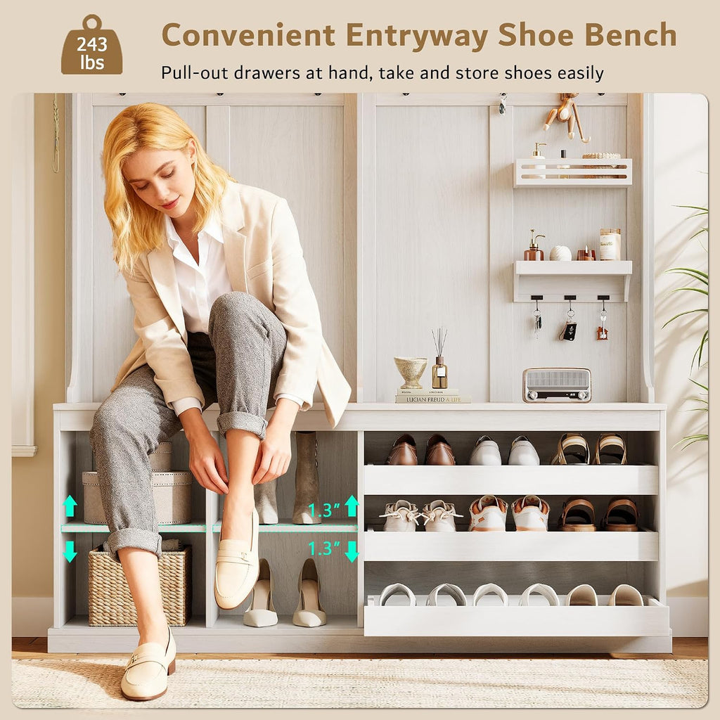 70" Large Hall Tree with Bench and Adjustable Shoe Storage, 6-in-1 Farmhouse Entryway Bench w/Coat Rack, Top Storage