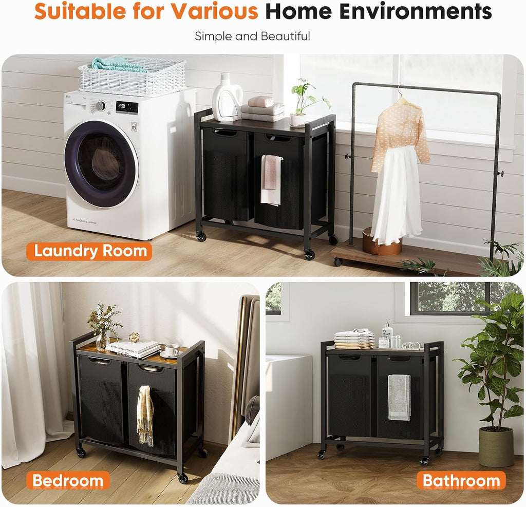 Laundry Hamper with 2 Pull-Out Removable Sorter Bags, Movable Wheels, Freestanding Clothes Basket Organizer , 2 x