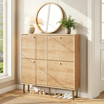 Shoe Storage Cabinet - Ultra Slim Shoe Cabinet with Tiered Fluted Design - Modern Shoe Organizer with Gold Legs