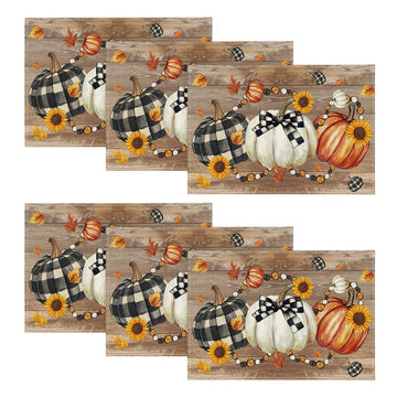 Wood Pumpkins Sunflowers Fall Placemats Set of 6-12 x 18 Inch
