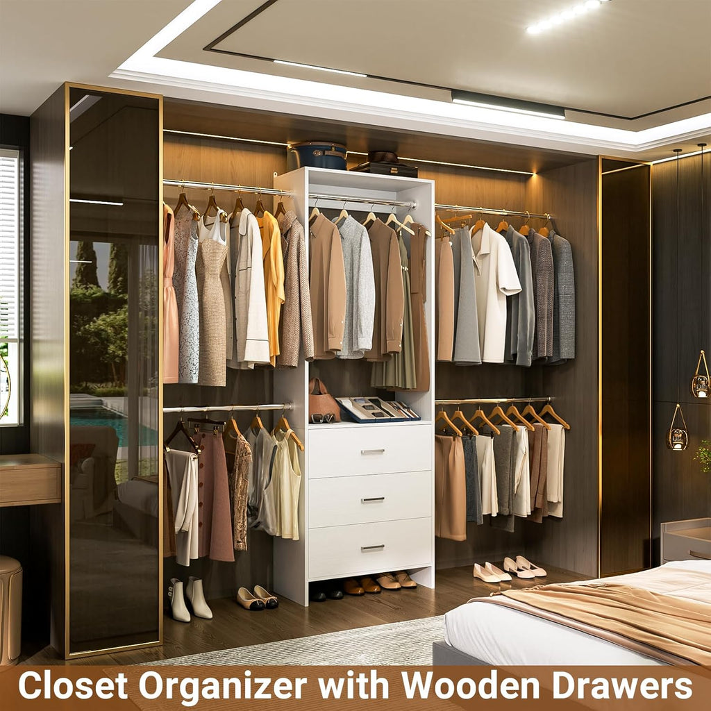 Closet System, Closet Organizer with 3 Wooden Drawers, Closet Organizer System, Walk-in Closet Wardrobe Clothes Rack