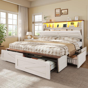 Queen Bed Frame with 6 Drawers, Farmhouse Bed Frame with Barn Door Headboard and Storage, Wood Platform Bed Frame