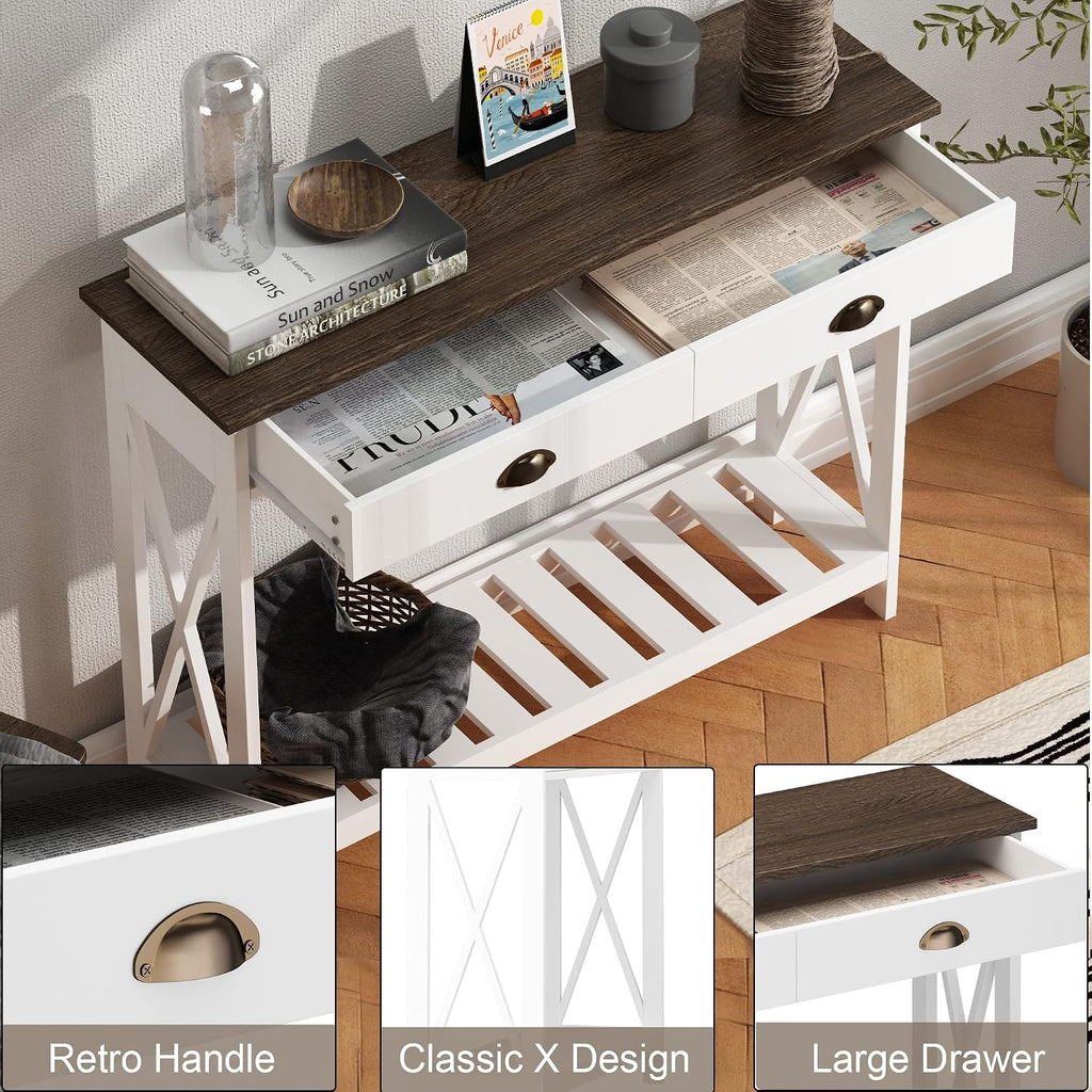 Farmhouse Console Table with Drawer , Narrow Long Entry Table with Shelf , Rustic Vintage Hallway Sofa Table with