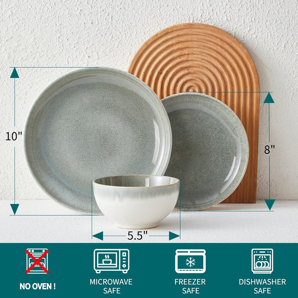 Gradient Green Stoneware Dinnerware Sets, 12 pcs Reactive Glaze Plates and Bowls Sets