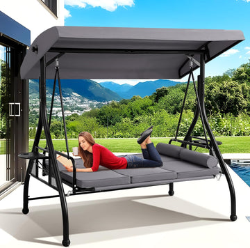 3-Seat Outdoor Porch Swing with Adjustable Canopy, 3 Person Convertible Porch Swing Bed with Stand, Heavy Duty Patio