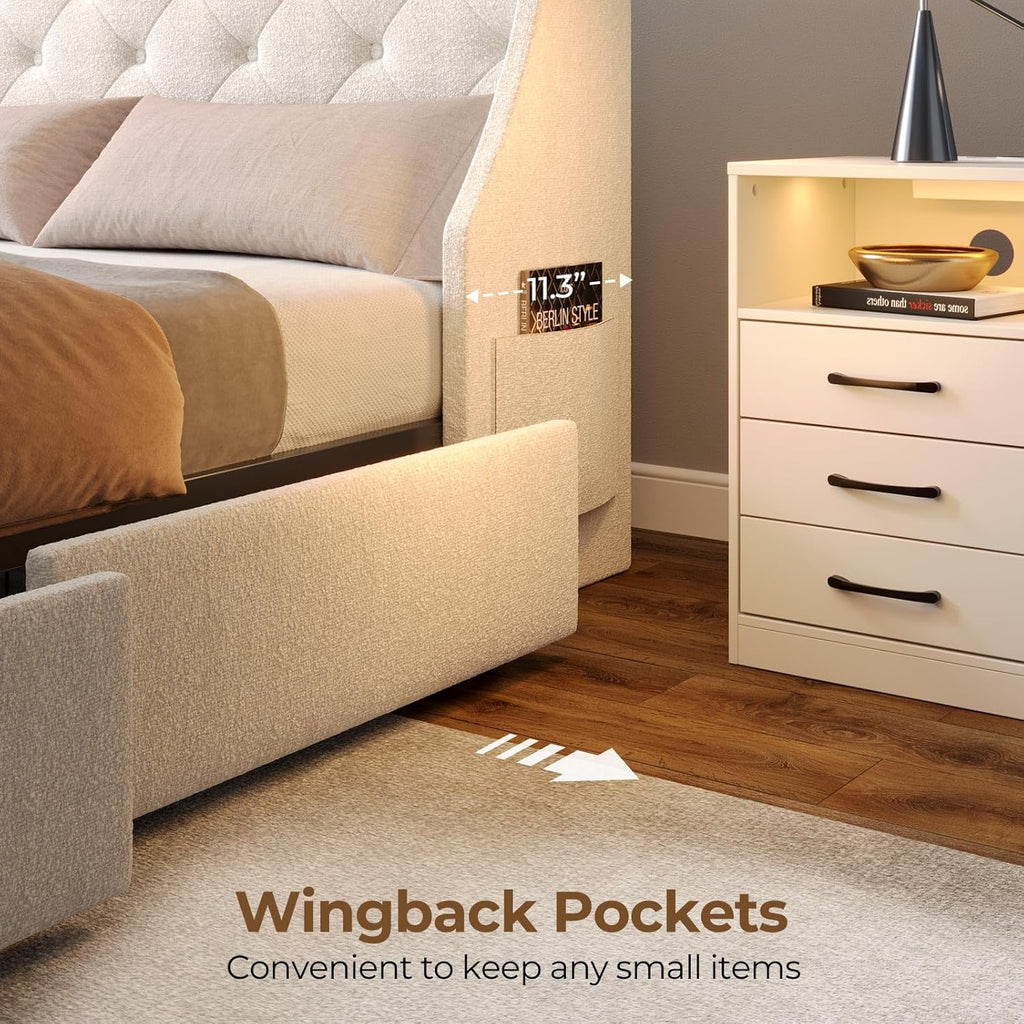 Queen Bed Frame with LED Lights and Charging Station, Upholstered Bed with Drawers, Wooden Slats, Noise Free